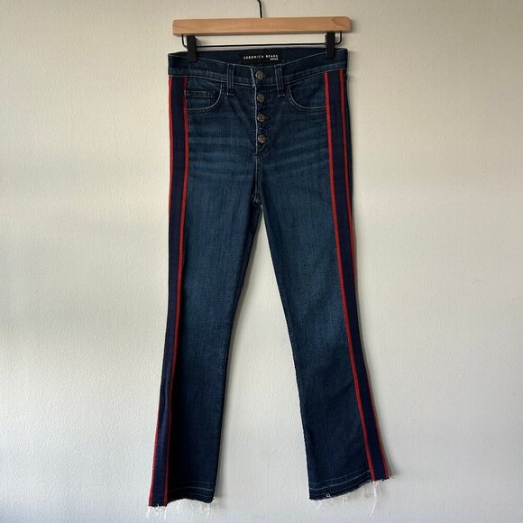 Veronica Beard Carolyn 10” Baby Boot Jeans Midinight w/ Fray Navy Red Sz 26 - Picture 2 of 10